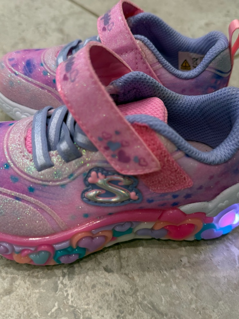 Skechers Girls' Pink Glitter Light-Up Heart Sneakers with Purple Accents